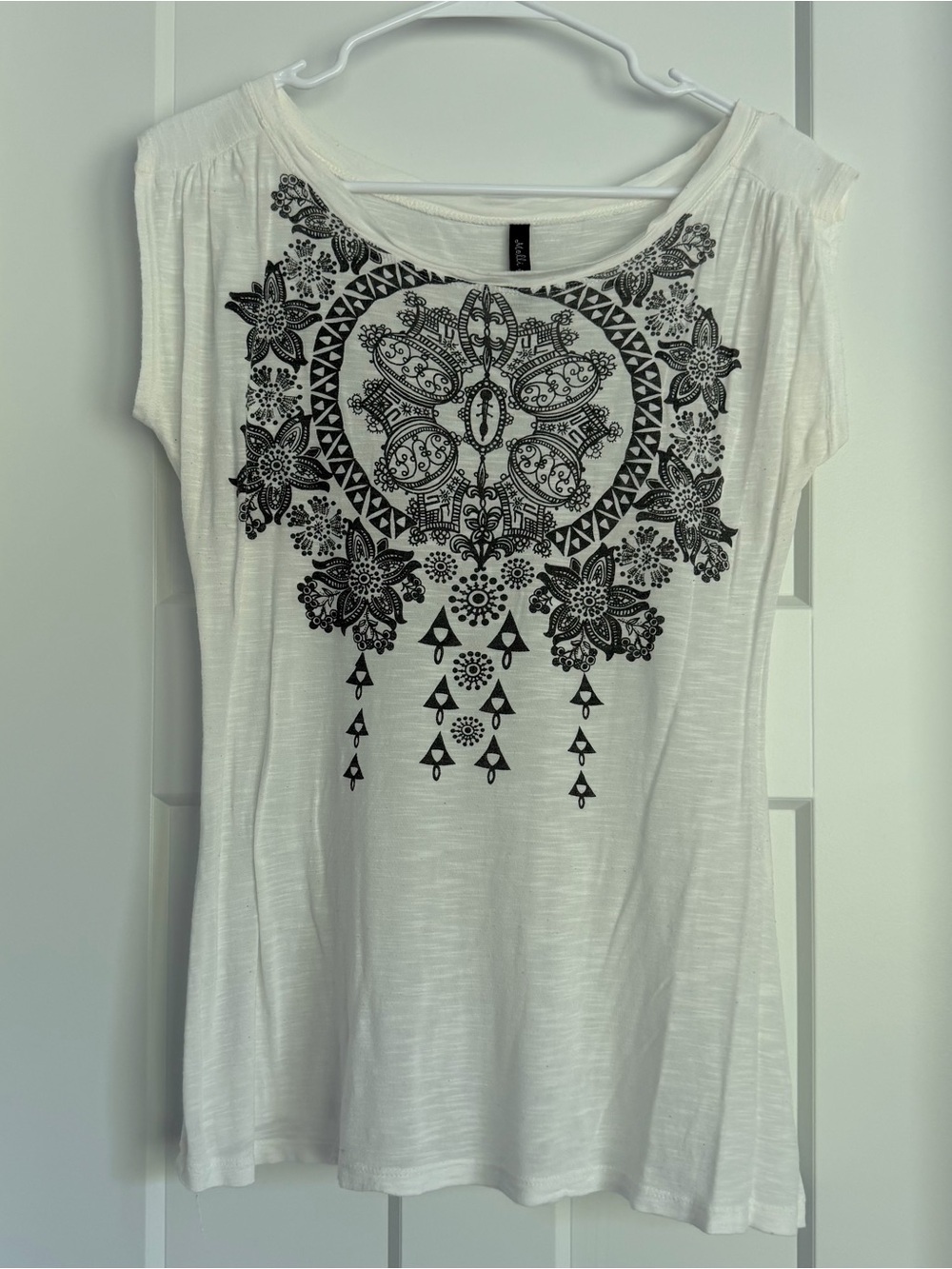 Women’s White Short-Sleeve Top with Black Mandala Print